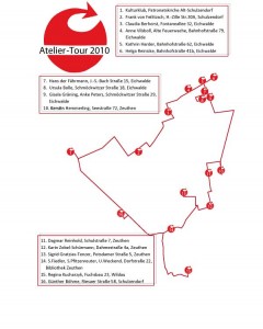 Übersichtskarte der Atelier-Tour 2010 mit 16 Stationen an Ateliers in Eichwalde, Zeuthen, Schulzendorf und Wildau (Karte: Elisabeth Tenzer)