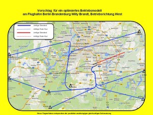 Vorschläge für Flugrouten bei Starts Richtung Westen. (Grafik: Marcel Hoffmann mit Karten von Open Streetmap)