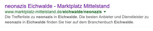 Bildschirmfoto aus der Google-Trefferliste zur Suchabfrage „Neonazis Eichwalde“ (3. Platz).