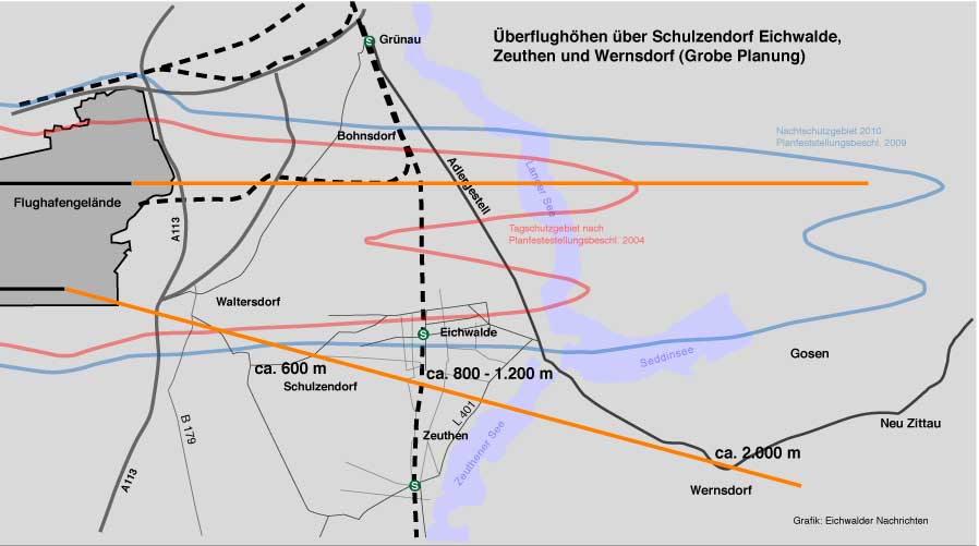 Übersicht über die grobe Planung der Flugrouten über Eichwalde mit ungefähren Höhenangaben (Grafik: jl)