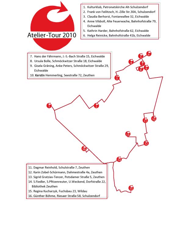 Übersichtskarte der Atelier-Tour 2010 mit 16 Stationen an Ateliers in Eichwalde, Zeuthen, Schulzendorf und Wildau (Karte: Elisabeth Tenzer)