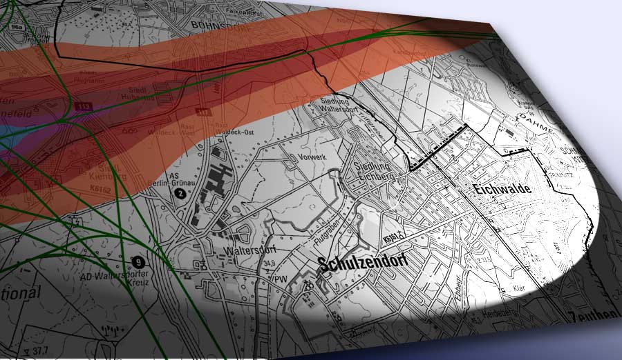 Das Ministerium für Umwelt, Gesundheit und Verbraucherschutz veröffentlichte nun Karten des aktuellen Umgebungslärms am Flughafen Schönefeld. (Montage: Jörg Levermann, mit Ausschnitt aus Lärmkartierung)