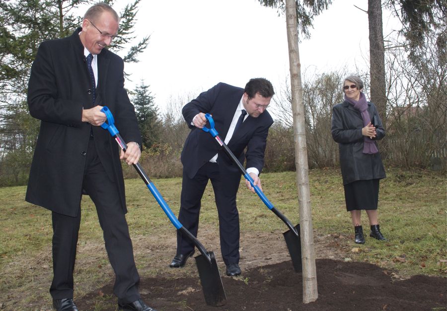 Stanislaw Koslowski, Bürgermeister von Osno Lubuskie und Michael Launicke, stellvertretender Bürgermeister von Eichwalde pflanzten eine Eiche im Stadtpark von Osno. (Foto: Jörg Levermann)