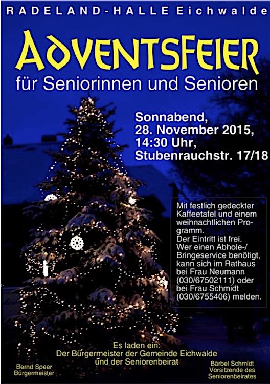 Plakat zur Seniorenweihnachtsfeier am 28. November 2015 in der Radelandhalle.